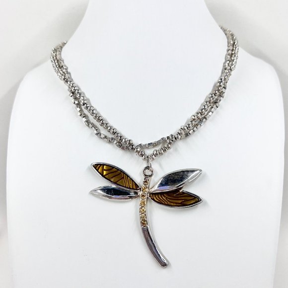 NWOT - Enameled & Jeweled Dragonfly Silver Tone Two Strand 14" Choker Necklace - Picture 2 of 7